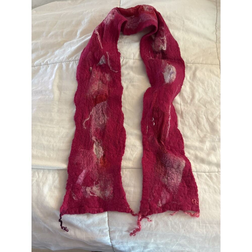 NEW Artisan Hand Felted Scarf Handmade Red Pink Merino Wool Silk Art 6x56”